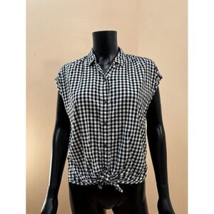 American Eagle Gingham Sleeveless Button Front Tie Top Black White XS